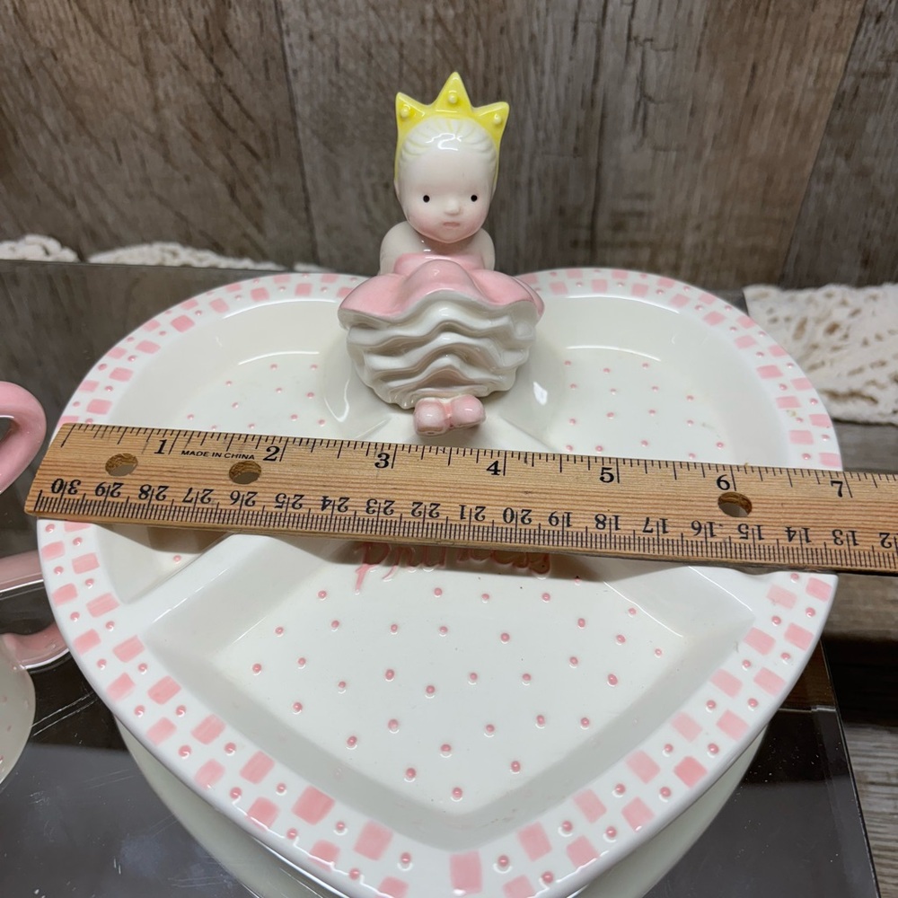 CUTE MUD PIE PRINCESS CROWN PINK & WHITE CHILDS DIVIDED CERAMIC PLATE AND CUP - Picture 6 of 11